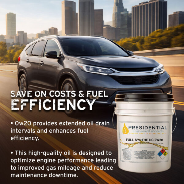 Full synthetic 0w20 pail in front of car driving through city
