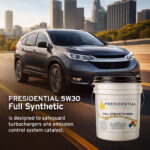 Full synthetic 5w30 pail in front of car driving past city skyline