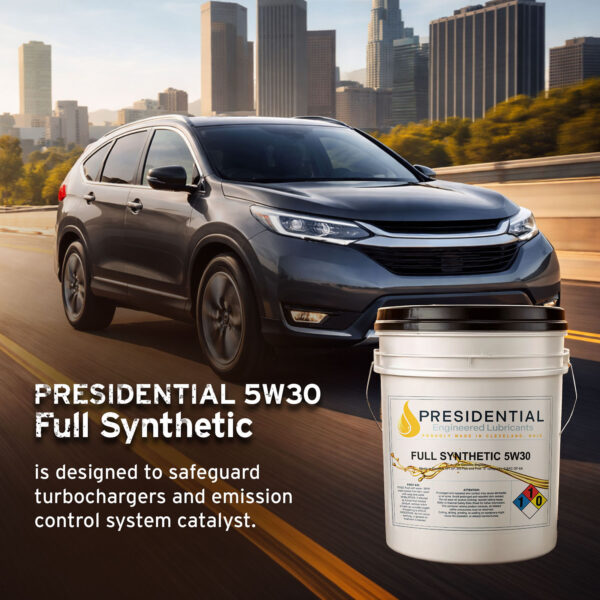 Full synthetic 5w30 pail in front of car driving past city skyline