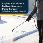 Image of woman with a sprayer saying that Liquid Ice Melt can be applied with both a battery and pump sprayer