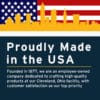 Image of Cleveland skyline over the American flag with the text: "Proudly Made in the USA"
