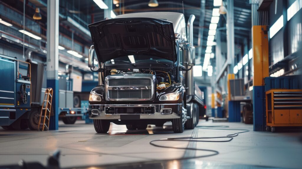 Image of semi-truck with open hood