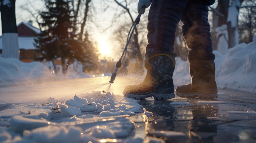 Image of a man in winter gear spraying liquid ice melt on a road