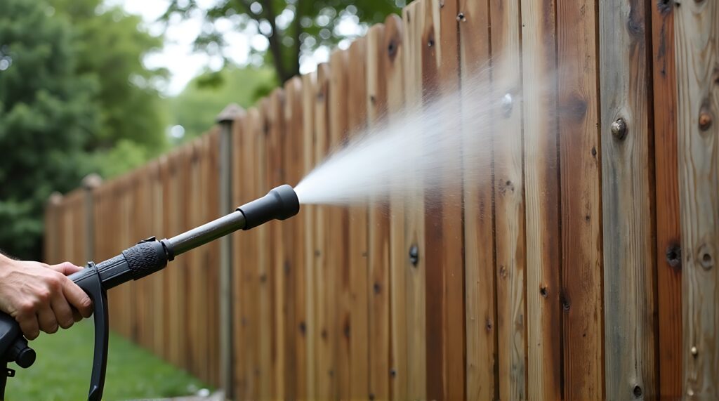 A person preparing a cedar fence for applying a wood sealer
