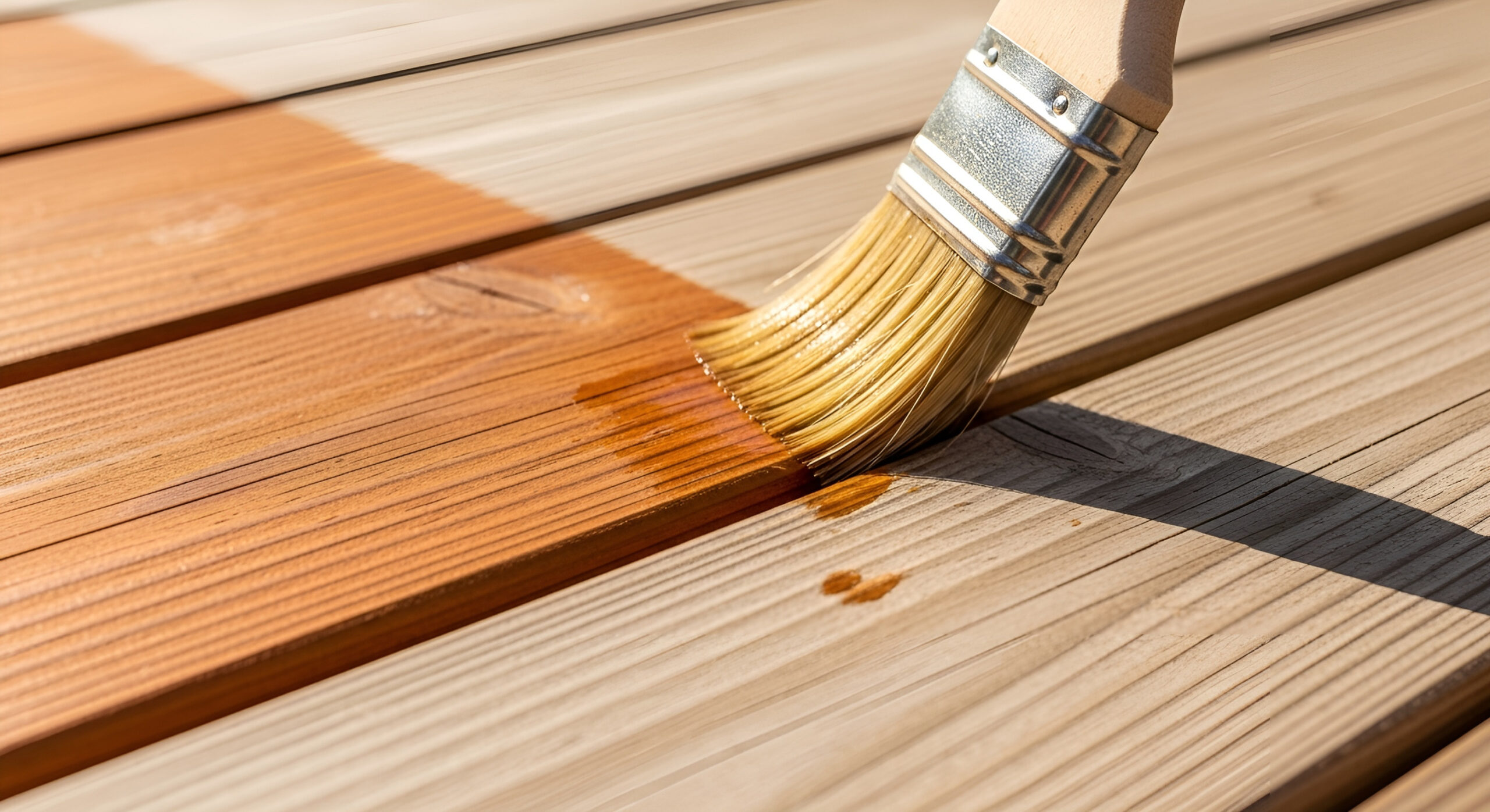 Person applying wood sealer to a wooden deck using a paint brush.