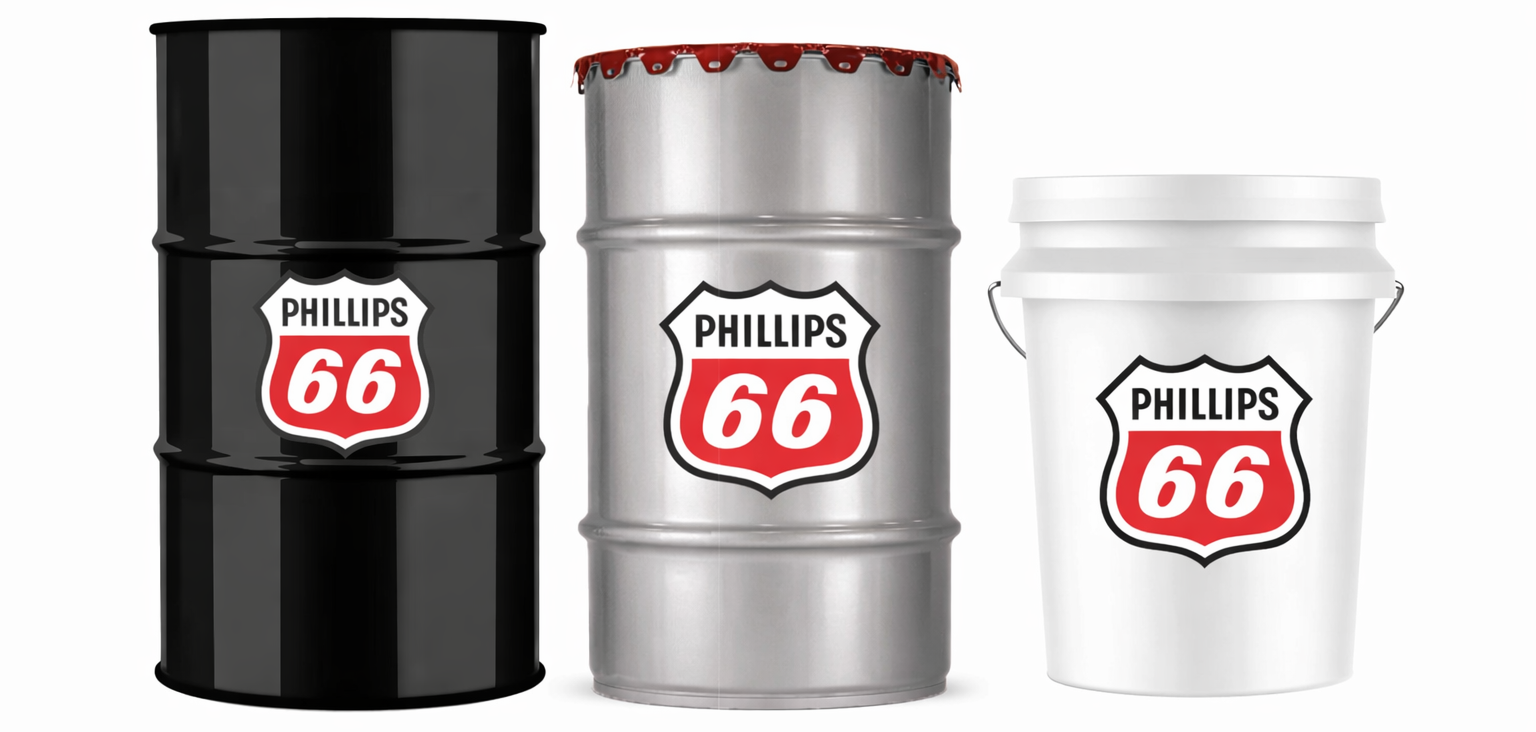 Image displaying a drum, keg, and pail of Phillips 66 products.