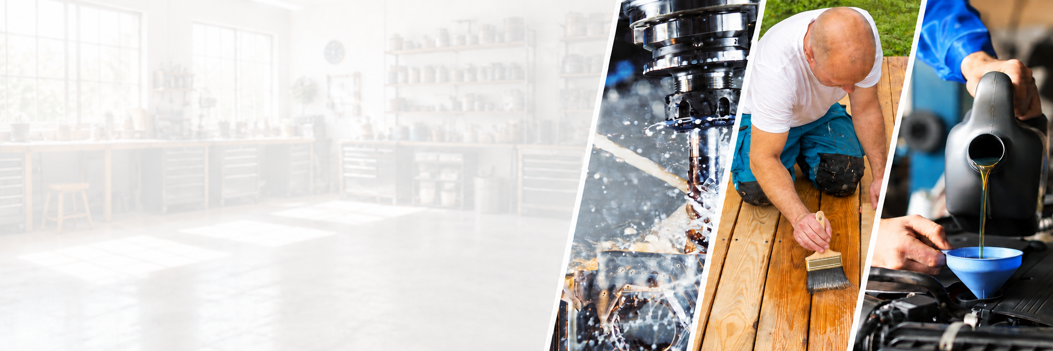 Website hero image with metalworking, wood sealer, and engine oil images.